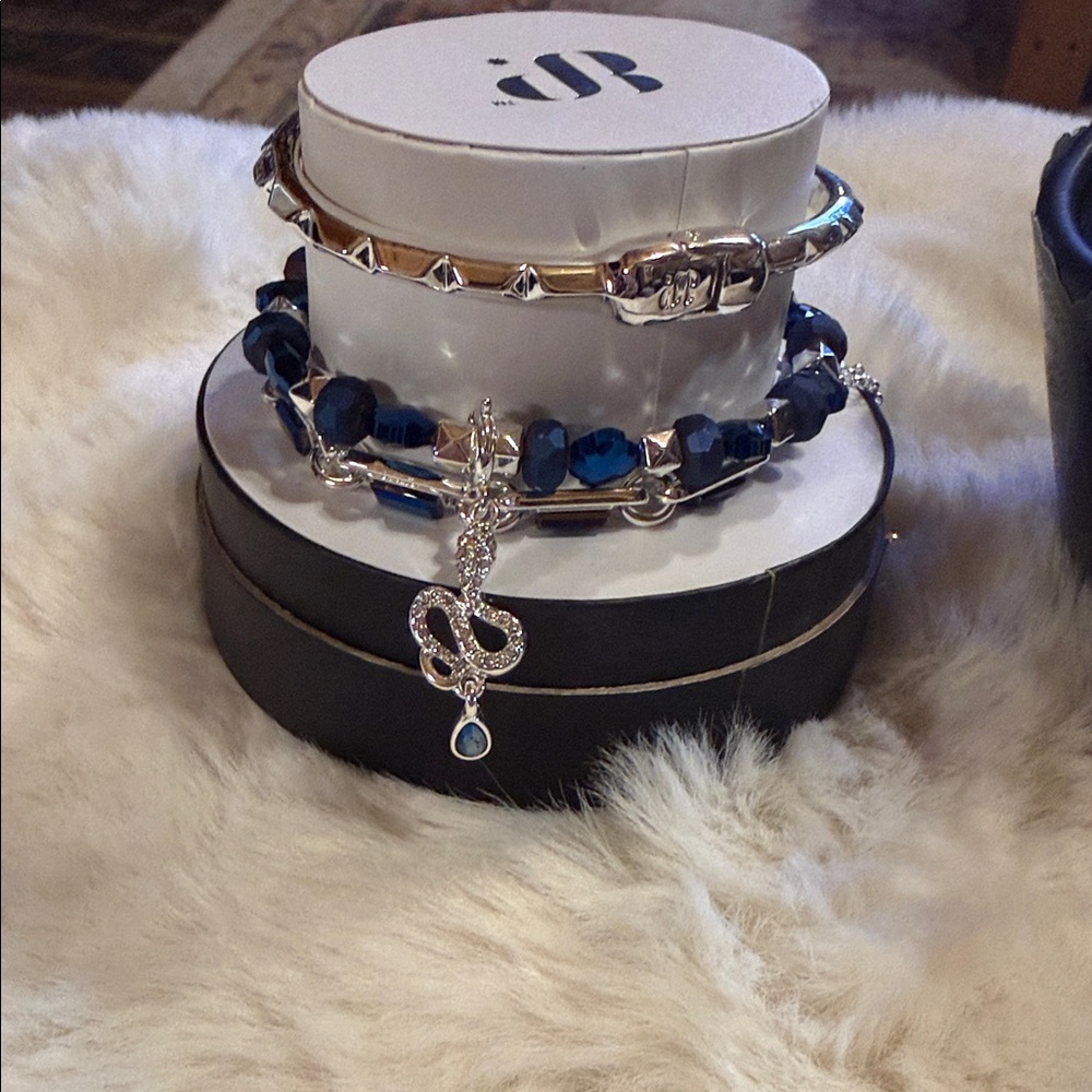 Silver Tone Bracelet Set with Deep Blue Crystal Accents